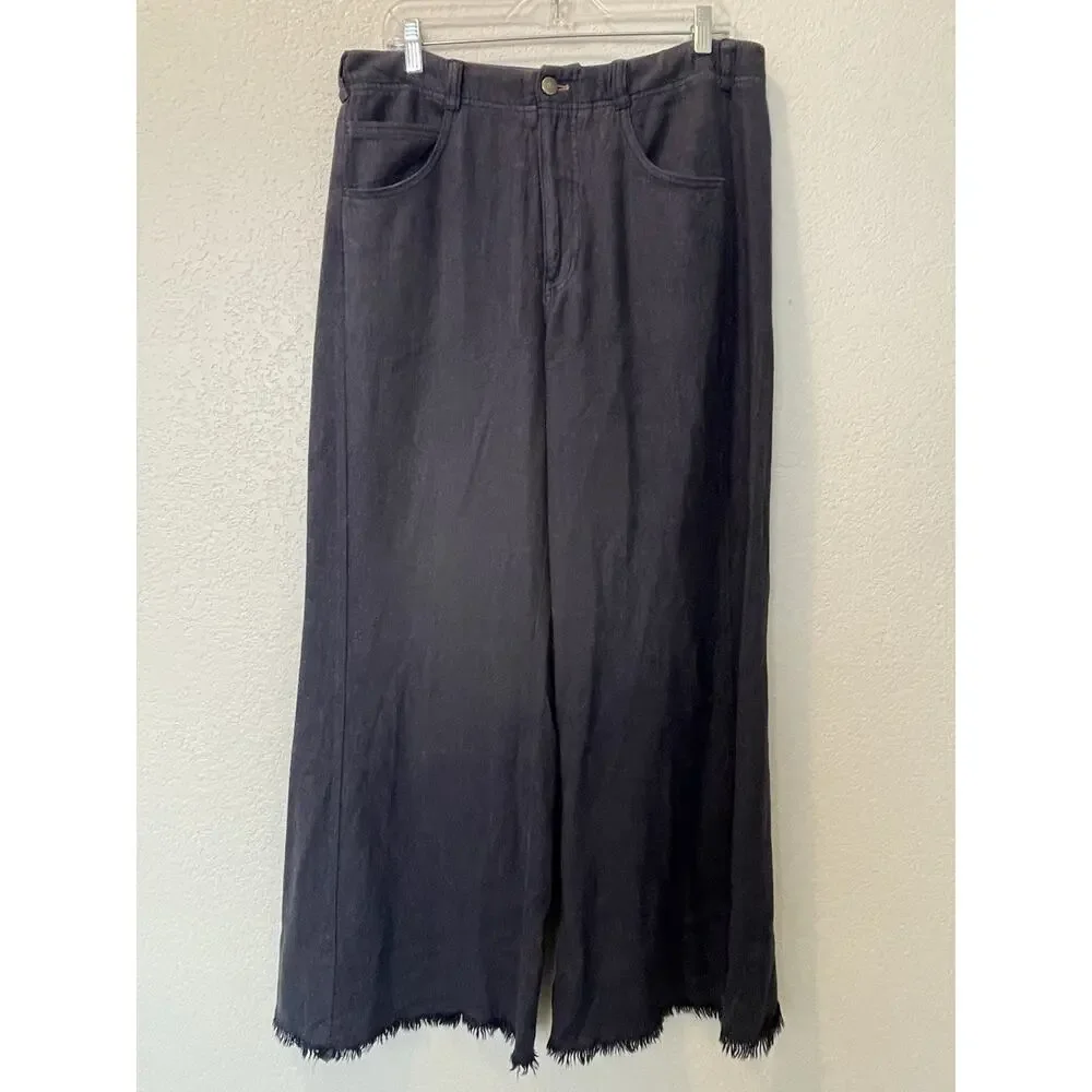 Anthropologie Pilcro The Adi Linen Mid-Rise Wide leg Flare Pants Navy 31 - Picture 2 of 11